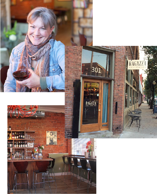 Collage of three images picturing Ragazza proprietor, Laura Norris, and the interior and exterior of Ragazza's original location in Westport